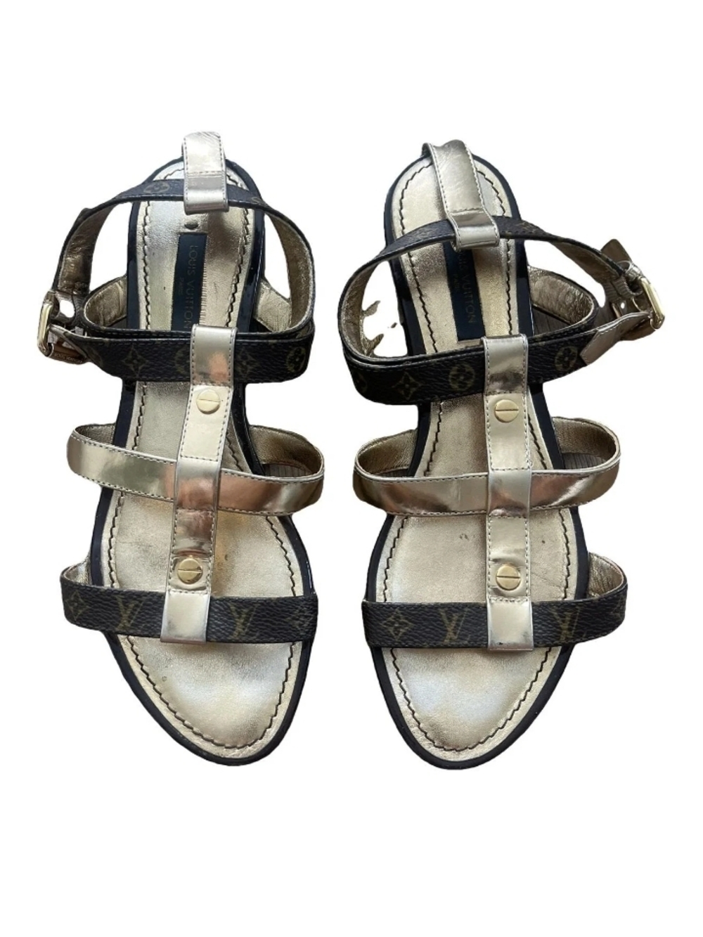 Louis Vuitton Metallic Gold and Monogram Brown T-Strap Sandals